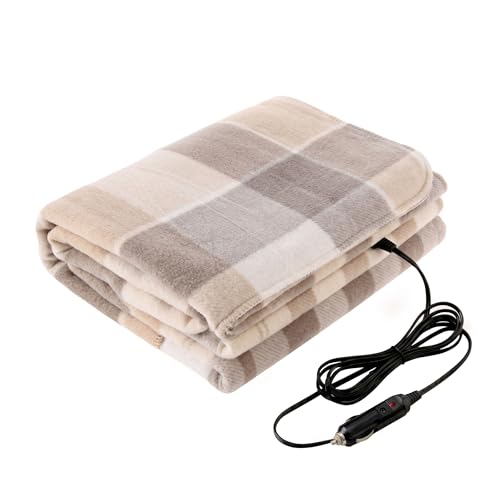 Heated Car Blanket - 12V Electric Travel Blanket for Car, Truck, SUV or RV - Portable Heated Throw for Road Trips, Camping or Winter Emergency Kit for Cold Weather Travel by Stalwart (Tan Plaid)
