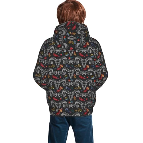 Ram Skull with Flowers Kid Hoodies Boys Sweatshirts Girls Pullover with Pocket4