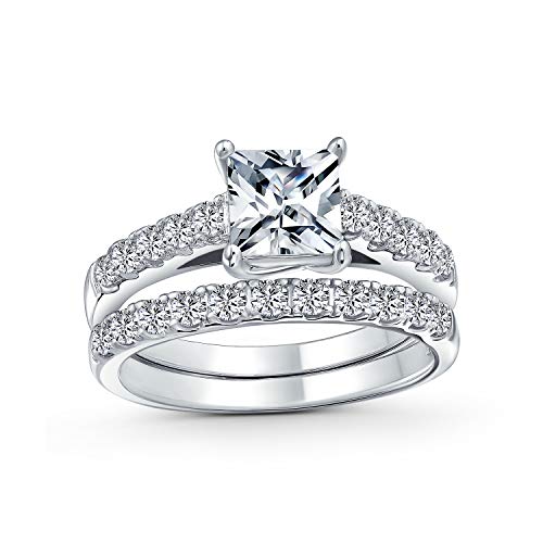 1CT Brilliant Cubic Zirconia Square Princess Cut Solitaire Cathedral Setting Thin Eternity Pave Band AAA CZ Anniversary Engagement Wedding Ring Set 925 Sterling Silver