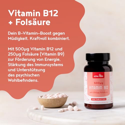 Vitamin B12 hochdosiert | 400 vegane Tabletten für 1+ Jahr Versorgung | 500µg Vit B12 und 250µg Folsäure pro Tagesdosis | Hochdosiert & ohne Zusatzstoffe | Alpha Foods