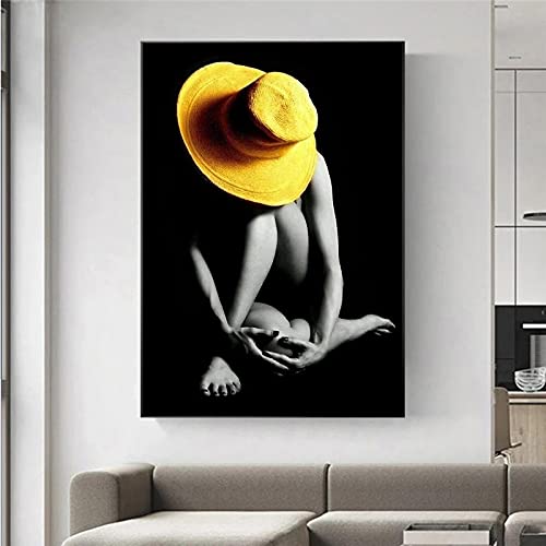 Moderne noir blanc Sexy mode femme toile peinture mur Art fille porter jaune chapeau affiches Portrait photo décor à la maison 80x120 cm sans cadre Cover