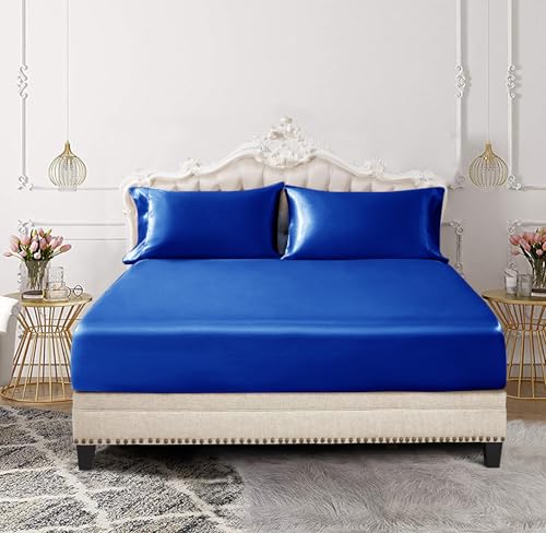 Image of SiinvdaBZX 3-Piece Set Satin Full Fitted Sheet & 2 Pillowcase, Royal Blue Silky Soft Fitted Bottom Sheet, Wrinkle Free, Fade Resistant, Deep Pocket Bed Sheet (Deep Up to 15 inch)