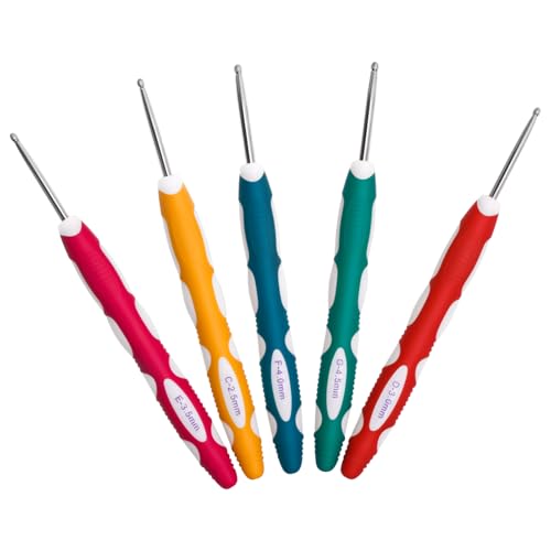 VOSSOT 5PCS Set de Ganchillo Ergonómico 5 Tamaños 2,5/3/3,5/4/4,5mm Mango Antideslizante de Silicona Suave, Punta de Aluminio Suave Kit Ganchillo Ligero y Cómodo para Bufandas, Ropa Manualidades DIY