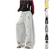 Lockere Sporthose für Damen, mit Dackel-Grafik, Baumwollhose mit Kordelzug, Freizeithose Y2K Taschen, Mädchen Palazzohose Weites Bein Baumwolle Hohe Taille Jogginghose Grau Gelb Hip Hop Streetwear M