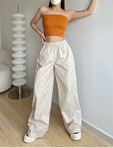 Ellenwell Womens Parachute Pants Baggy Y2K Track Pants Wide Leg Streetwear Loose Jogger (Beige-S) #TOP4