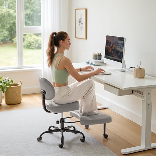 Image of Furmax Ergonomic Criss Cross Legged Office Chair with Wheels, 360Swivel Adjustable Height Kneeling Desk Chair with Footrest for ADHD, Yoga, Meditation, Home Office (Leather, Gray)
