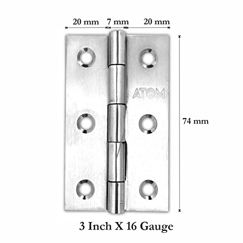 Image of Atom 40 Pcs, Stainless Steel Door Butt Hinges | 3 Inch x 16 Gauge /1.2 mm Thickness, Soft Close Hinge /kabja for Door, Window, Cabinet, Closet, Cupboard, Wooden Box (Silver Satin Finish, HNG-3X16)