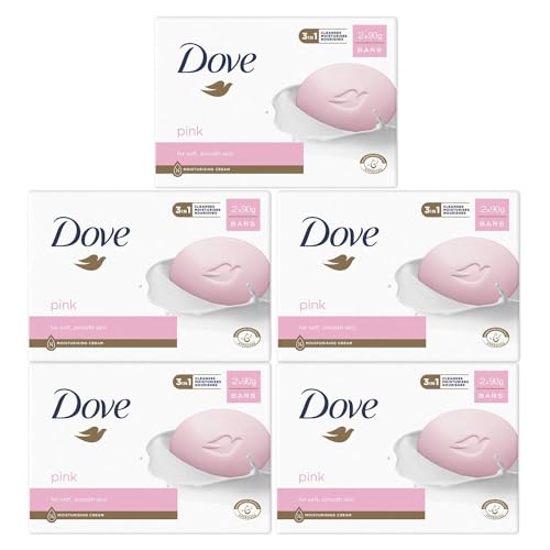 Dove Pink Moisturising Beauty Cream Bar 3 in 1 Cleanses, Moisturises and Nourishes Soap for Soft, Smooth Skin Vegan, Crealty Freee and Dermatologically Tested Beauty Soap 2x90g, 5 Pk