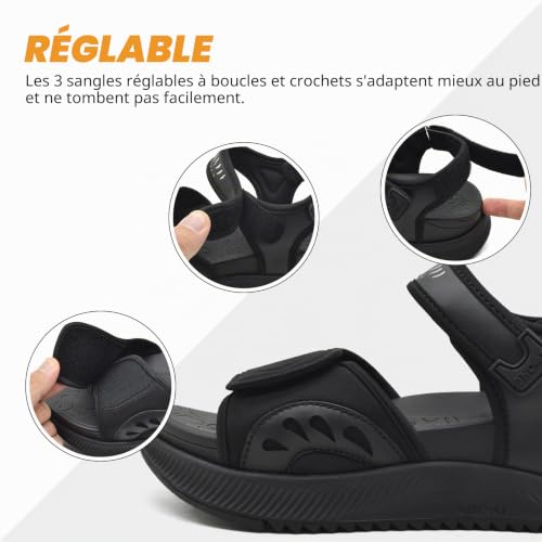ONCAI Sandales Femmes 2025,Soutien voûte Randonnée Orthopédique Extérieur Semelles Pour Fasciite Plantaire Sport Nautique Plateforme avec 3 Sangle Réglables Noir Taille 40 – vue 4