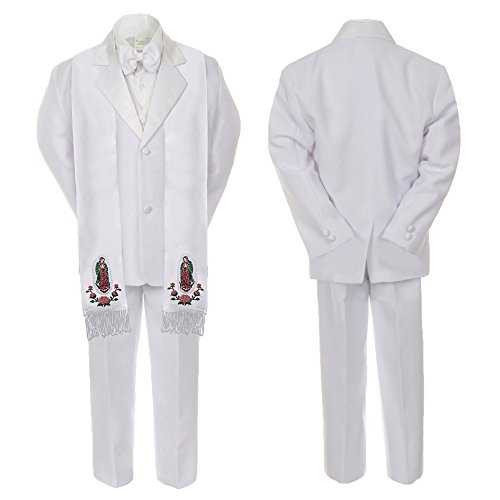 Image of New Born Baby Boy Baptism White Notch Lapel Suit Silver Guadalupe On Stole SM-20