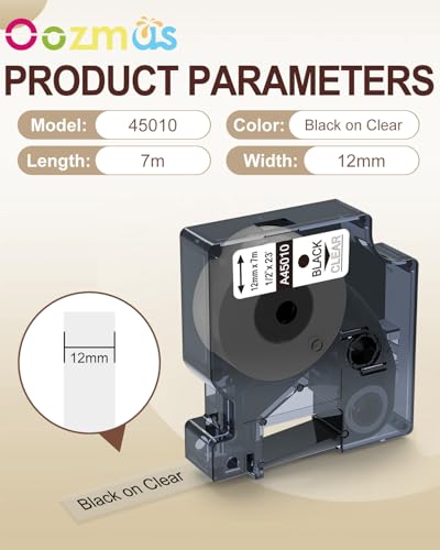 Oozmas Kompatibel mit Dymo D1 Etikettenband 45010 a45010 12mm x 7m Schwarz auf Transparent, Clear Etikettenband Kompatibel mit Dymo LabelManager LM160 LM210D LM260P LM280 LM360D LM420P, 3er-Pack