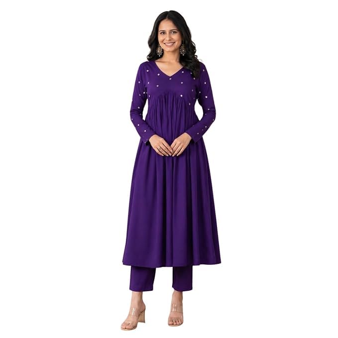 Women's Polka Dot Rayon Kurti Pant Set | V-Neck Flared A-Line Kurta with Matching Straight Pants | Full Sleeve Ethnic Wear for Casual, Office, Festive & Daily Wear-image-8
