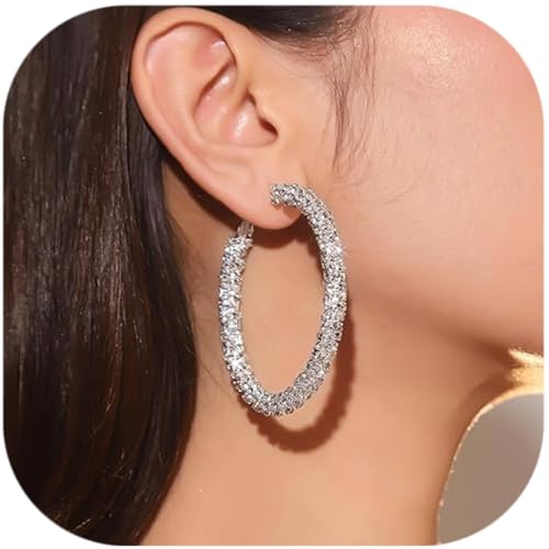 Big Cubic Zirconia Earrings Thick Rhinestones Round Shape Hoop Earrings for Women 925 Sterling Silver Earrings Large Rhinestone Hoop Earrings 60mm Sparkly Hoops With Full Paved Crystals for Women(DTE-GG60S)2