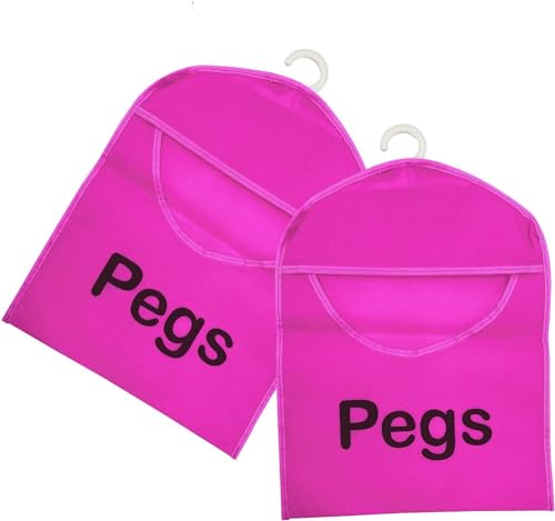 Buystarget Pack of 2 Peg Bag for Washing Line with Hanger Waterproof Non Woven Fabric Peg Bag with Durable PVC Hanging Hook Pink