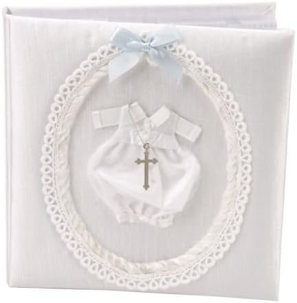 Ivory Fabric Boys Christening Day Photo Album with 3D outfit & Cross