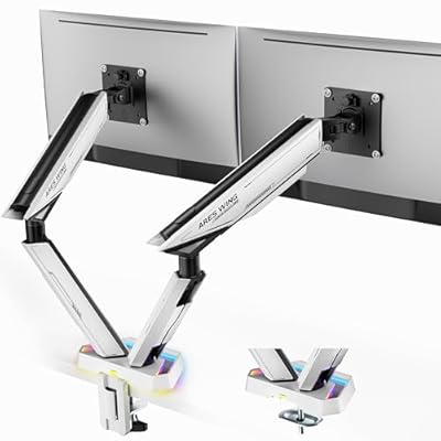 ARES WING RGB Dual Monitor Arm for 17-38 Ultrawide Screens, Holds 35.2lbs, Heavy Duty Dual Monitor Stand for Desk, Adjustable Double Monitor Mount with Clamp & Grommet Base, 75100 VESA Mount, White