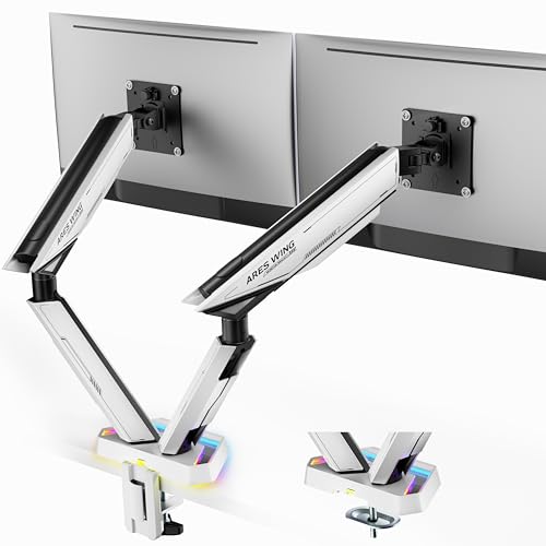 ARES WING RGB Dual Monitor Arm for 17-38" Ultrawide Screens, Holds 35.2lbs, Heavy Duty Dual Monitor Stand for Desk, Adjustable Double Monitor Mount with Clamp & Grommet Base, 75/100 VESA Mount, White by ARES WING - Used condition - US$91.80