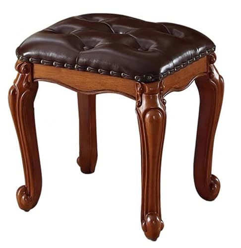 Reposapiés otomano de cuero, marco de madera maciza tallada vintage, taburete tapizado para sala de estar, sofá, entrada, 15.7 pulgadas de alto