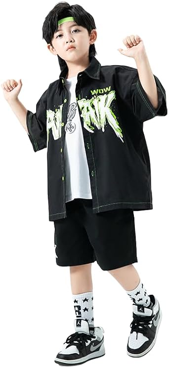Irsutey Childrens Hip-Hop Set Boys And Girls Sleeveless Vest Short Sleeved Stand Up Collar Jacket Shorts Set Dance Costume