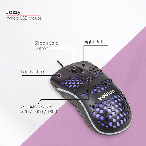 Image of Zebion Jazzy Wired Gaming Mouse with Honeycomb Design, RGB Led Lights, Adjustable DPI 800 /1000 /1800, Lightweight and Ergonomic Design with Comfortable Feel, 1 Year Warranty, Black Color