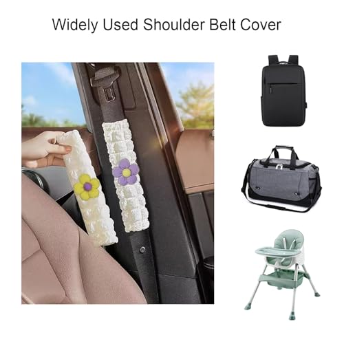 Image of Car Seat Belt Cover Pad, 2 Pack Flower Car Accessorie Seatbelt Covers Cushion Neck Shoulder Strap Protector Universal Seat Belt Cover for Adults and Kids (Purple and Yellow)