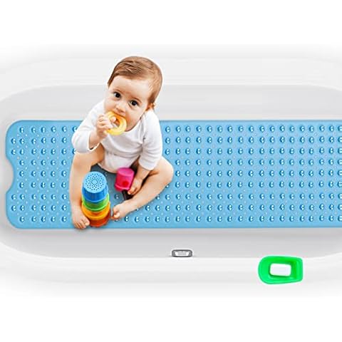 Tiikiy Shower Mat, Non Slip Bath Mats Kids, 100 x 40cm Non Slip Mildew Resistant Shower Mat with Suction Cups and Drain Holes, Machine Washable, Blue Cover