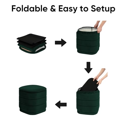 Image of 15 inch Velvet Storage Ottoman with Tray, Foldable Square Ottoman Footrest with Reversible Wood Lid, Collapsible Storage Footstool for Bedroom, Living Room, Dorm, Bottle Green