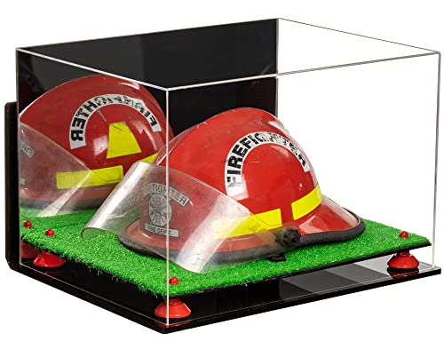 Better Display Cases Acrylic Fireman's Helmet Display Case - Large Rectangle Box with Mirror Case, Red Risers, Wall Mount and Turf Base 18