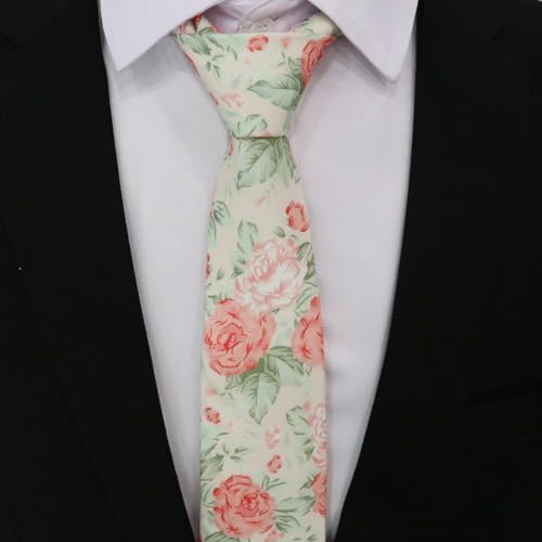 Image of Cotton Floral Ties for Men 2.76 inch Men's Skinny Tie Linen Flower Printed Neck Tie for Wedding Dating Party