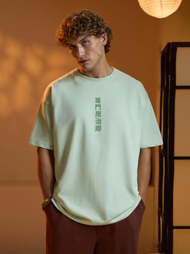 Image of The Souled Store Demon Slayer: Tanjiro Men and Boys Short Sleeves Round Neck Green Graphic Printed Cotton Lightweight All-Season Oversized T-Shirt