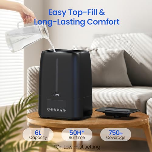 Chooone 6L Top Fill Ultrasonic Humidifier - Cool and Warm Mist for Bedroom, Baby, Large Rooms & Plants, Smart Humidity Control, Aroma Diffuser, Night Light, 12H Timer, Quiet, Black