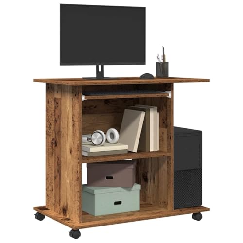 zylophax Escritorio con aspecto de madera envejecida, 80 x 50 x 75 cm, espacio de trabajo compacto de madera con ruedas, bandeja para teclado extensible y estante para CPU para oficina en casa y