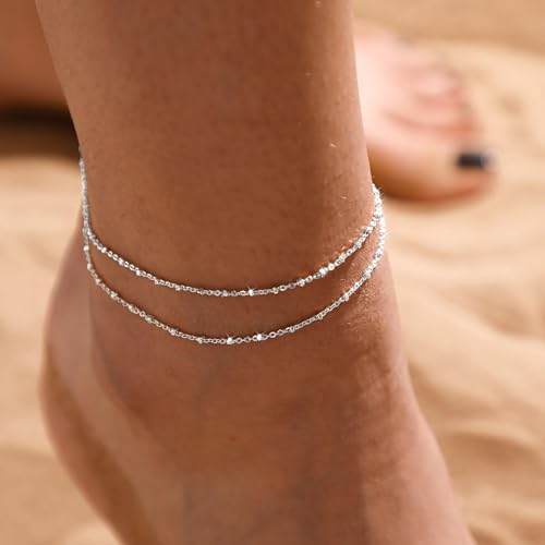 LEXODY Silver/Gold Anklets for Women, Sterling Silver Evil Eye Ankle Bracelets for Women Trendy Dainty Waterproof Anklets Set Adjustable Layered Anklet Bracelets for Women Silver Jewelry Gift3
