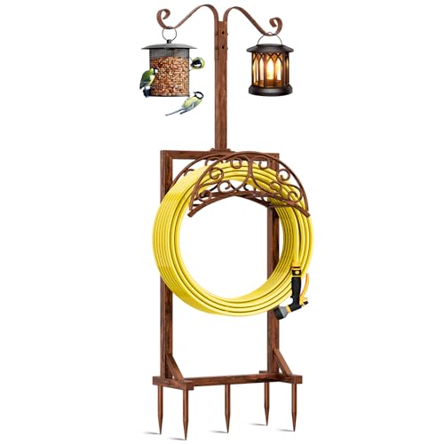 Jvgoo Garden Hose Holder - Upgraded Water Hose Holders for Outside with 5 Spikes & 2 Shepherds Hooks, Freestanding Hose Stand Hose Hanger Hose Storage Hose Reel Rack for Yard Lawn(Antique Bronze)