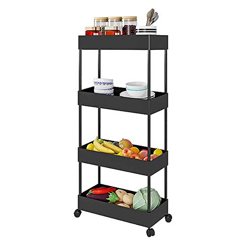 Slim Storage Cart 4 Tier Shelf Rolling Cart Storage Shelves Corner Organizer Metal Storage Racks (Black)