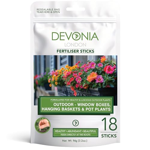 Devonia Window Boxes, Hanging Baskets & Pot Plant Fertiliser Spikes, 18 Sticks, Slow-Release Food, Easy to Use Fertilizer, Feed at Roots for 12 weeks