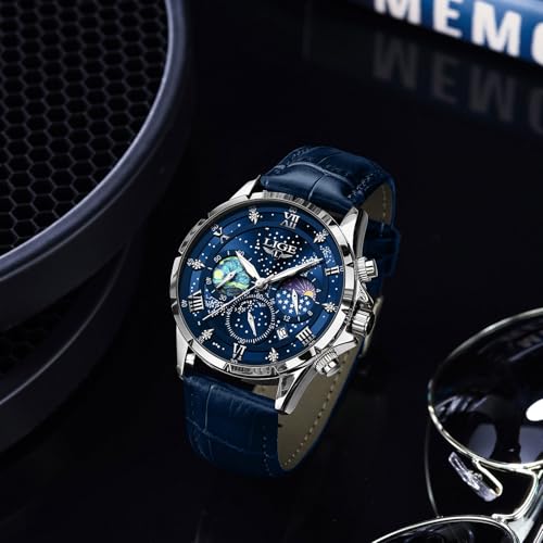 LIGE Reloj de Pulsera para Hombre, cronógrafo, Acero Inoxidable, Resistente al Agua, analógico, diseño de Fase Lunar, Reloj de Pulsera de Cuarzo, - Imagen 7