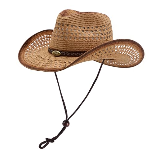 Image of Straw Cowgirl Hat for Women Cowboy Hats for Men Wide Brim Sun Hat Shapeable Western Hat Beach Hat