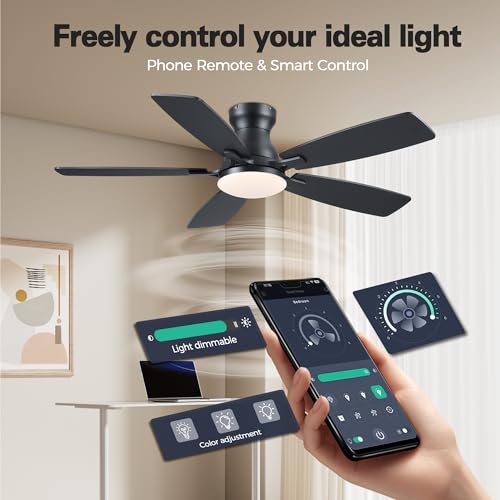 Image of JSAITEE Ceiling Fans with Lights Flush Mount - 46 inch Low Profile Ceiling Fan with 5 Dual-Sided Blades and 6 Speeds 3CCT Dimmable, Modern Indoor Fan Light Fixtures for Bedroom, Kitchen, Black