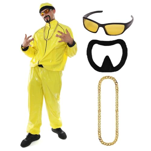 90s Celebrity Costume - Adults Yellow & Black Shell Suit + Matching Hat + Sunglasses + Gold Chain + Black Goatee - Funny Rapper Halloween Stag Do Fancy Dress Costume (Size: Large)