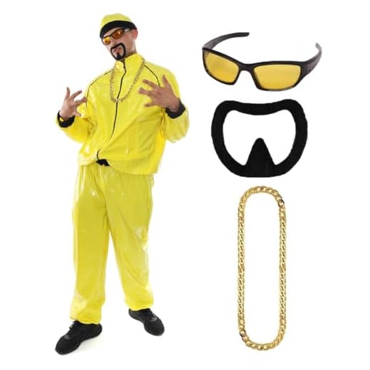 90-tals kändisdräkt – vuxna, gul och svart skaldräkt + matchande hatt + solglasögon + guldkedja + svart get – rolig rappare halloween hjort gör maskeraddräkt (storlek: XX-Large)