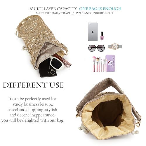 Image of Nevis Silk Fabric Designe Embroidered Potli Bag with Pearl Tassels & Beaded Strap | Bridal Ethnic Drawstring Clutch for Wedding