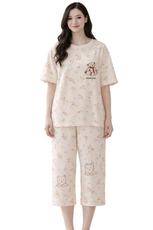 Women Relaxed Lounge Coord Night Set with Soft Half Sleeve Top and Comfy Pajama Bottoms Women Relaxed Lounge Coord Night Set with Soft Half Sleeve Top and Comfy Pajama Bottoms