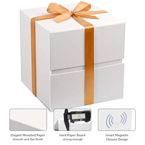Image of LIFELUM Square Gift Box with Magnetic Lid, Card, Sticker, Ribbon, Shredded Paper Filler for Business, Wedding, Birthdays (White, square - 10.2 inch, 1 count (Pack of 1))