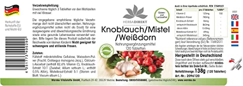 Knoblauch Mistel Weißdorn - 120 Tabletten mit Vitamin C, Hochdosiert, Vegan | HERBADIREKT by Warnke Vitalstoffe - Deutsche Apothekenqualität