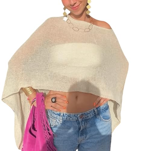 Aonoapll Women Sheer Knit Poncho Off Shoulder Asymmetric Shrug Sweater Pullover Top See Through Cover Up Tops