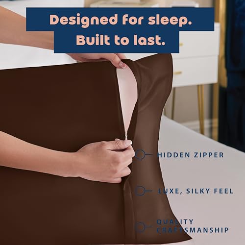 Image of BLISSFORD Brown Satin Pillowcase with Zipper, for Hair and Skin Care, Feels Soft and Cool Like a Silk Pillowcase, Satin Pillow Cases 2 Pack, Slik Pillow Cover, Standard Size, Set of 2