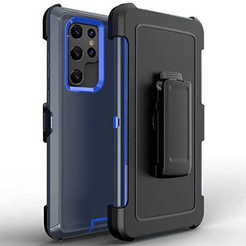 Defender Case for Samsung Galaxy S22 Ultra 5G,Bisbkrar Phone Case [Military Grade] 3 in 1 Shockproof Rugged Protective, Heavy Duty Bumper Cover for Galaxy S22 Ultra 5G(Black(with Belt Clip)) (Blue)