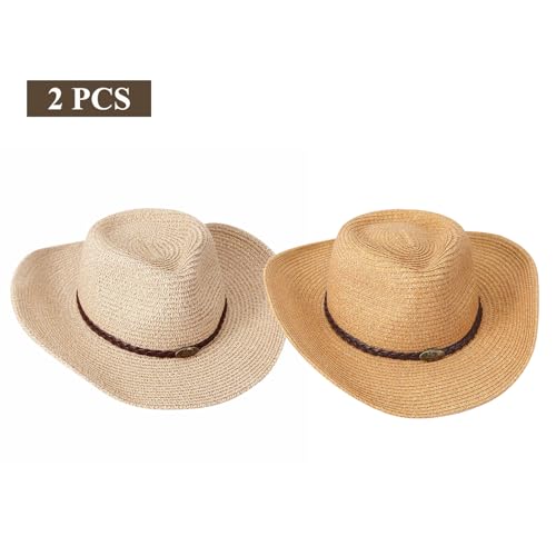 Image of Straw Cowgirl Hat for Women Cowboy Hats for Men Wide Brim Sun Hat Shapeable Western Hat Beach Hat