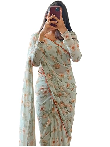 Image of StyleScope Women's Georgette Printed Lace Bordered Ready To Wear One Minute Saree With Print Unstitched Blouse Piece (RTW Mix Free Size)